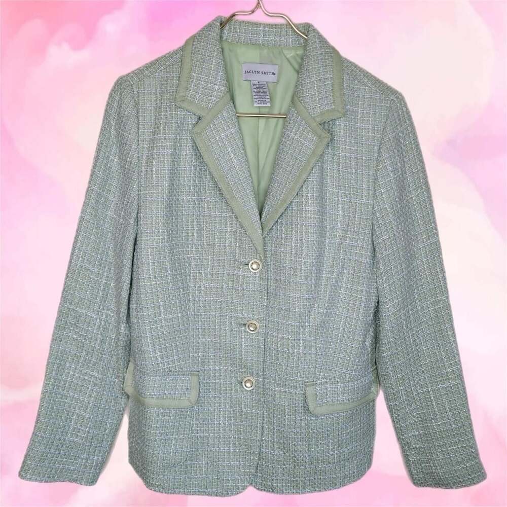 Jaclyn Smith Light Green Tweed Lined Blazer Suit Jacket
